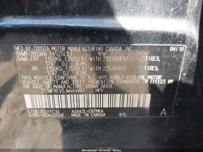 2018 Toyota Rav4 Xle VIN: 2T3WFREV5JW464867 Lot: 43421437