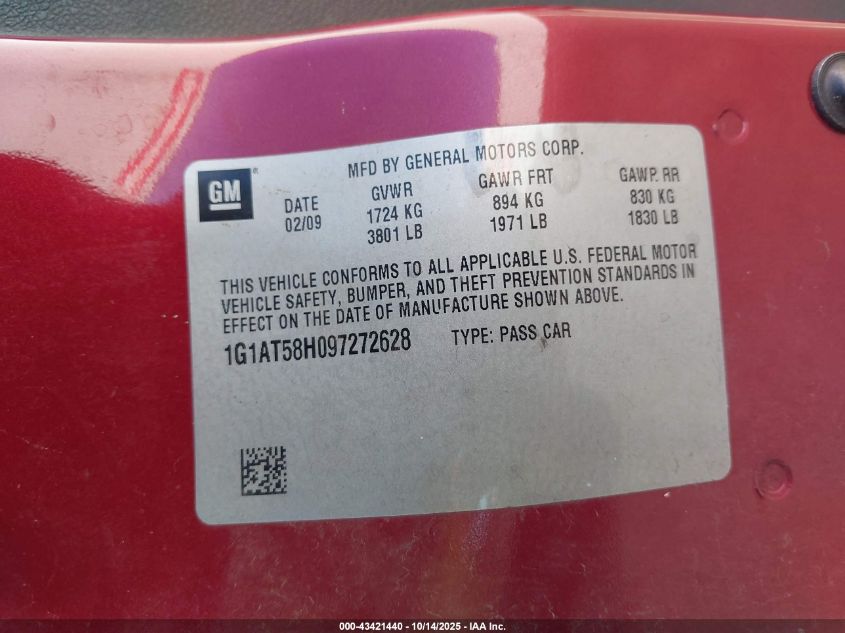 2009 Chevrolet Cobalt Lt VIN: 1G1AT58H097272628 Lot: 43421440