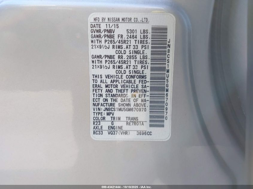 2016 Infiniti Qx70 VIN: JN8CS1MU5GM670970 Lot: 43421444