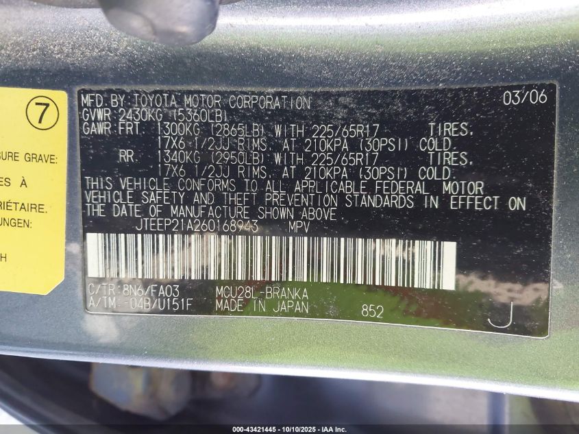 2006 Toyota Highlander Sport V6 VIN: JTEEP21A260168943 Lot: 43421445