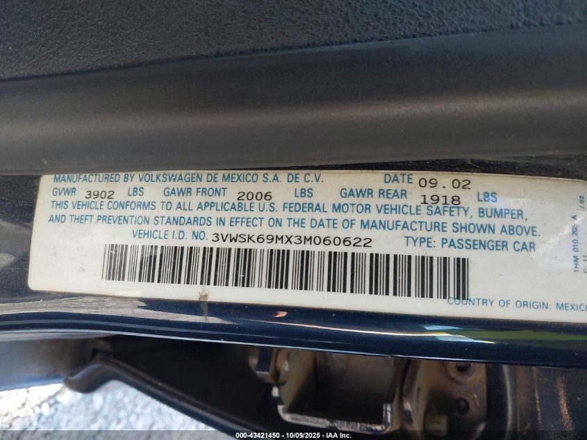 2003 Volkswagen Jetta Gls 2.0L VIN: 3VWSK69MX3M060622 Lot: 43421450