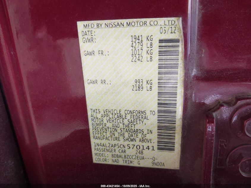 2012 Nissan Altima 2.5 S VIN: 1N4AL2AP5CN570141 Lot: 43421454