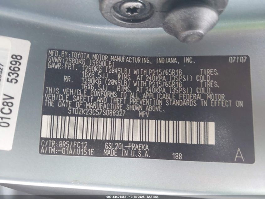 2007 Toyota Sienna Le VIN: 5TDZK23C57S088327 Lot: 43421456