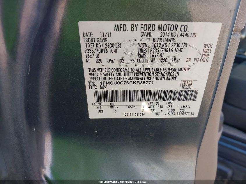 2012 Ford Escape Xls VIN: 1FMCU0C76CKB38771 Lot: 43421464