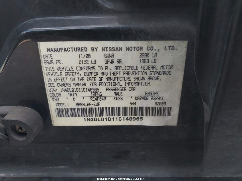 2001 Nissan Altima Gxe VIN: 1N4DL01D11C148965 Lot: 43421465