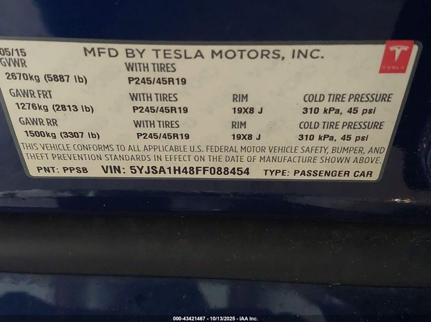 2015 Tesla Model S 85D/P85D VIN: 5YJSA1H48FF088454 Lot: 43421467