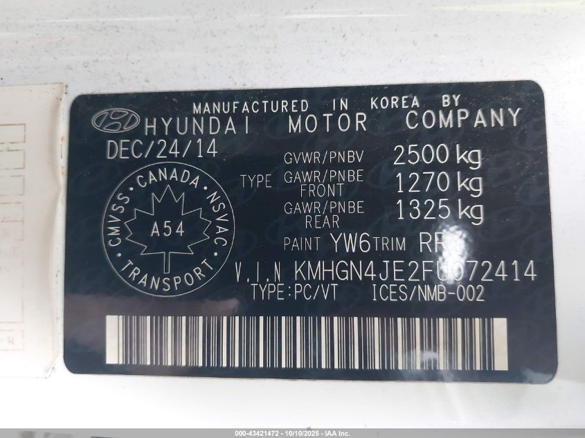2015 Hyundai Genesis 3.8 Technology VIN: KMHGN4JE2FU072414 Lot: 43421472