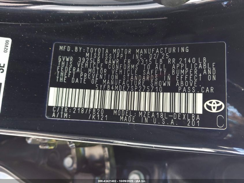 2025 Toyota Corolla Le VIN: 5YFB4MDE7SP275710 Lot: 43421482