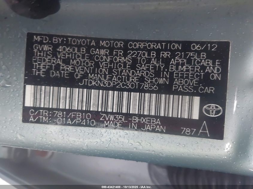 2012 Toyota Prius Plug-In VIN: JTDKN3DP2C3017856 Lot: 43421488