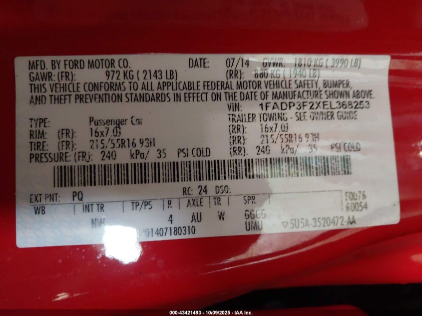 2014 Ford Focus Se VIN: 1FADP3F2XEL368253 Lot: 43421493