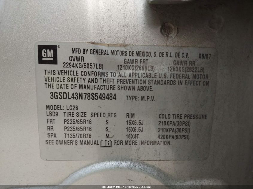 2008 Saturn Vue V6 Xe VIN: 3GSDL43N78S549484 Lot: 43421498