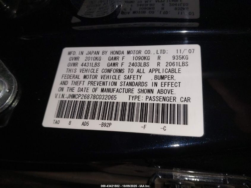 2008 Honda Accord 2.4 Ex-L VIN: JHMCP26878C032065 Lot: 43421502