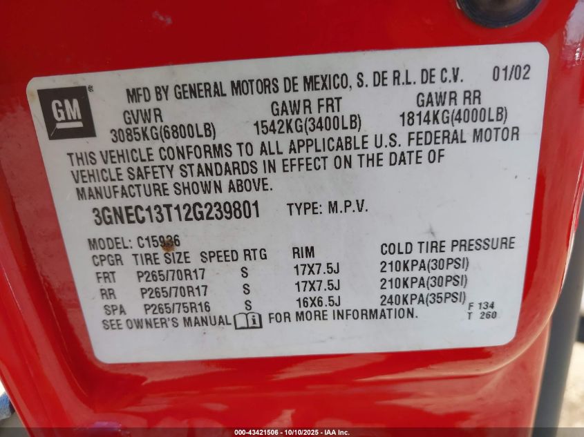 2002 Chevrolet Avalanche 1500 VIN: 3GNEC13T12G239801 Lot: 43421506