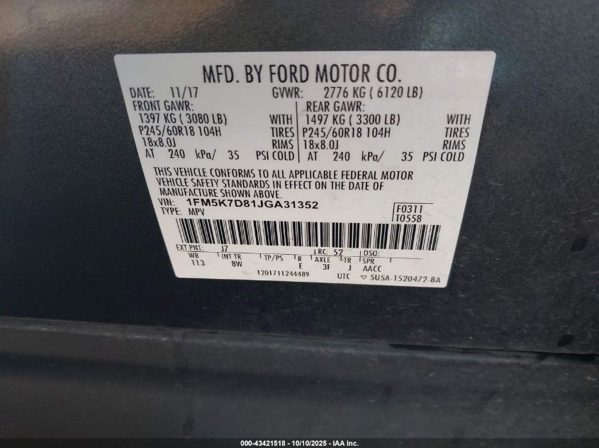 2018 Ford Explorer Xlt VIN: 1FM5K7D81JGA31352 Lot: 43421518