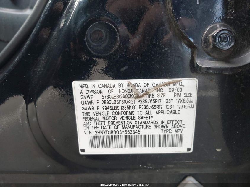 2003 Acura Mdx VIN: 2HNYD18803H553345 Lot: 43421522