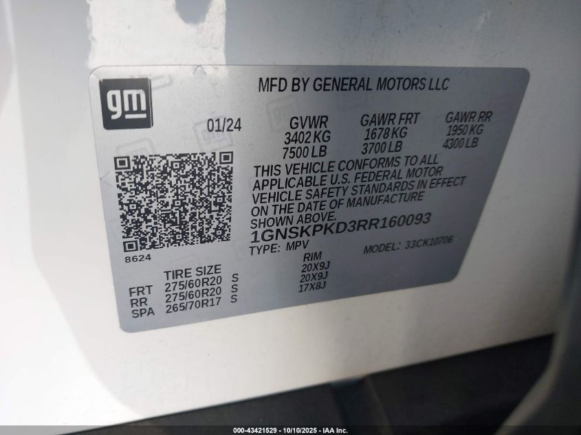 2024 Chevrolet Tahoe 4Wd Z71 VIN: 1GNSKPKD3RR160093 Lot: 43421529