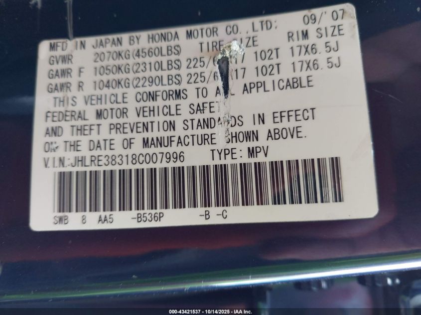 2008 Honda Cr-V Lx VIN: JHLRE38318C007996 Lot: 43421537