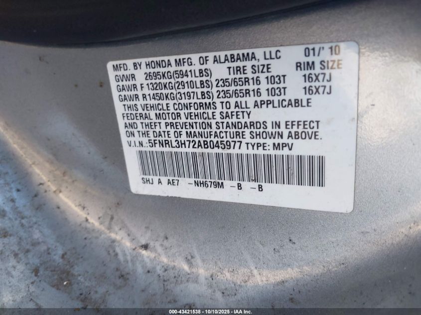 2010 Honda Odyssey Ex-L VIN: 5FNRL3H72AB045977 Lot: 43421538