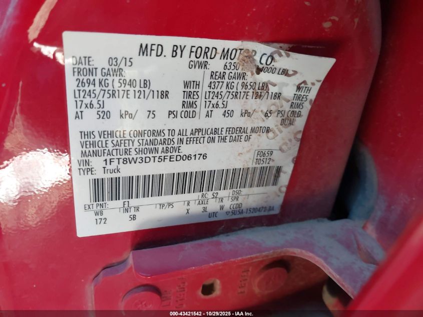2015 Ford F-350 Lariat VIN: 1FT8W3DT5FED06176 Lot: 43421542