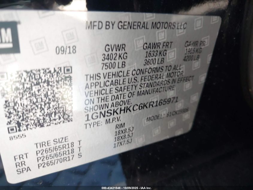 2019 Chevrolet Suburban Lt VIN: 1GNSKHKC6KR165971 Lot: 43421546