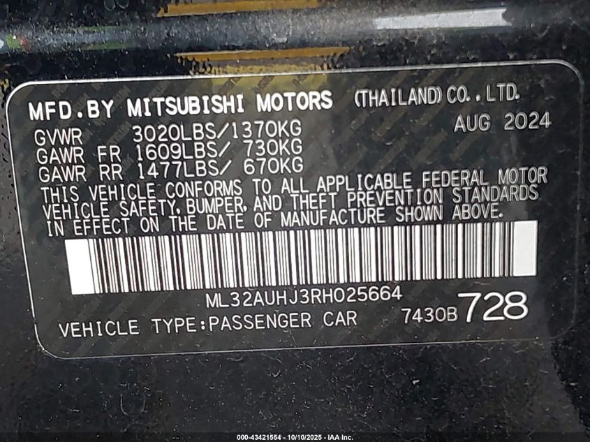 2024 Mitsubishi Mirage Es/Le VIN: ML32AUHJ3RH025664 Lot: 43421554