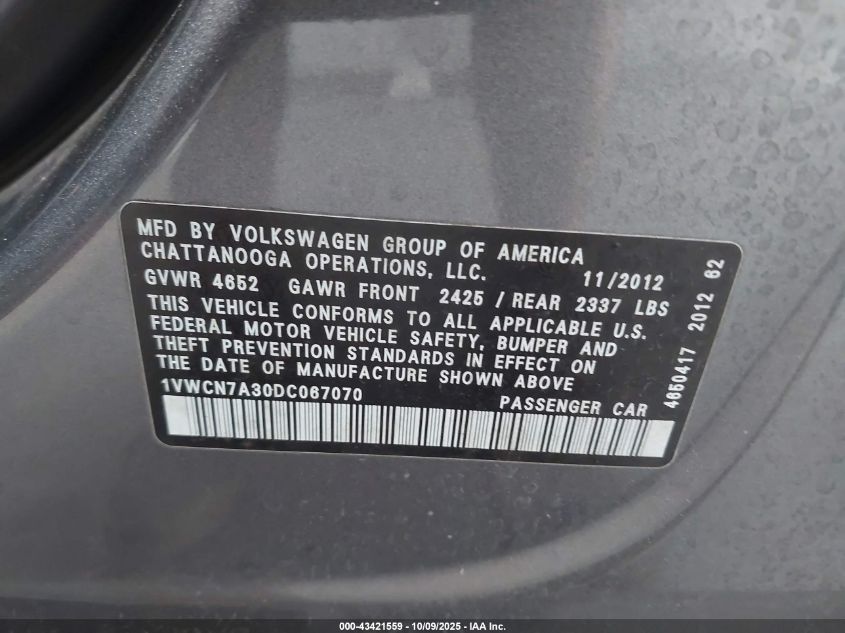 2013 Volkswagen Passat 2.0L Tdi Sel Premium VIN: 1VWCN7A30DC067070 Lot: 43421559