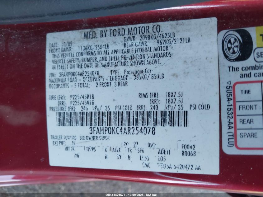 2010 Ford Fusion Sport VIN: 3FAHP0KC4AR254078 Lot: 43421577