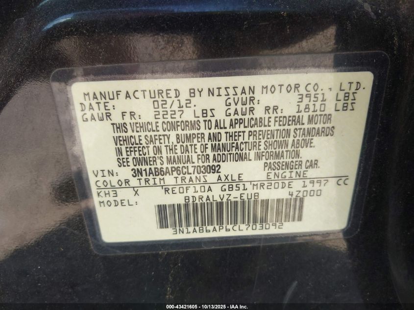 2012 Nissan Sentra 2.0 Sl VIN: 3N1AB6AP6CL703092 Lot: 43421605