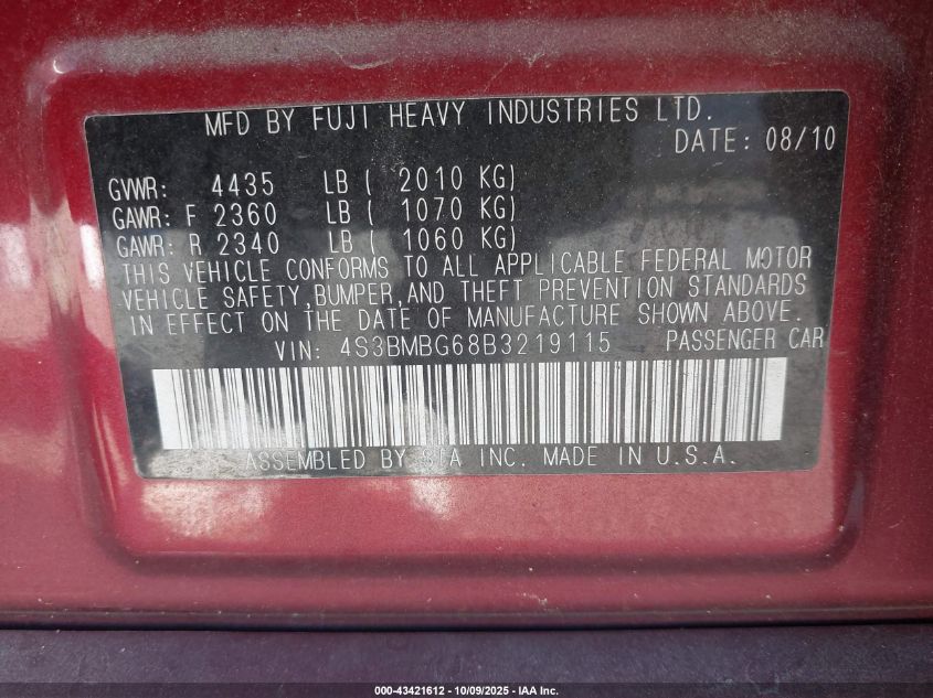 2011 Subaru Legacy 2.5I Premium VIN: 4S3BMBG68B3219115 Lot: 43421612