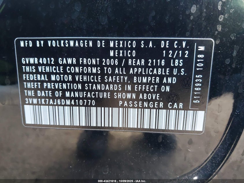 2013 VOLKSWAGEN JETTA 2.0L S - 3VW1K7AJ6DM410770