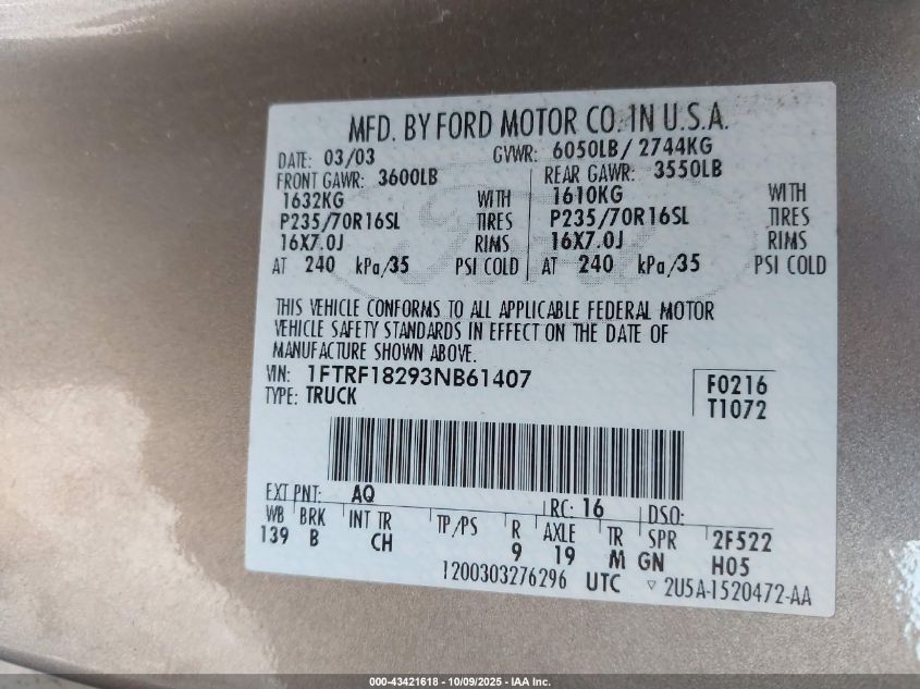 2003 Ford F-150 Xl/Xlt VIN: 1FTRF18293NB61407 Lot: 43421618