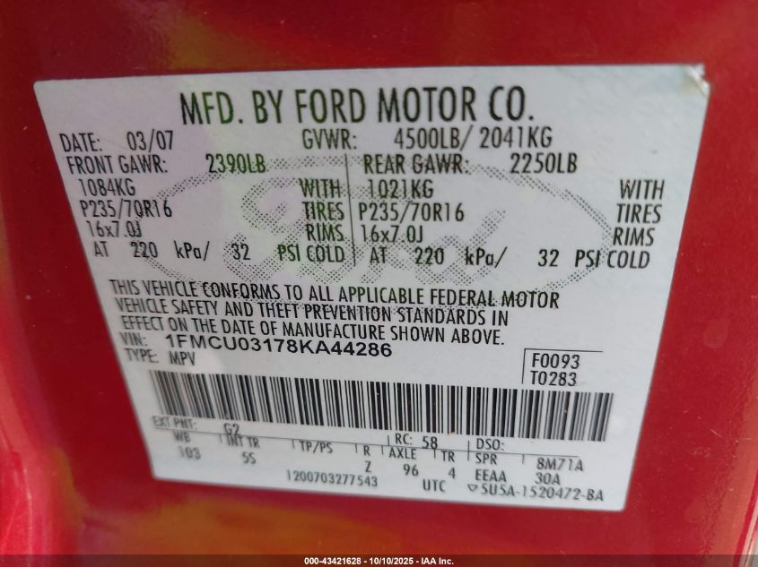 2008 Ford Escape Xlt VIN: 1FMCU03178KA44286 Lot: 43421628