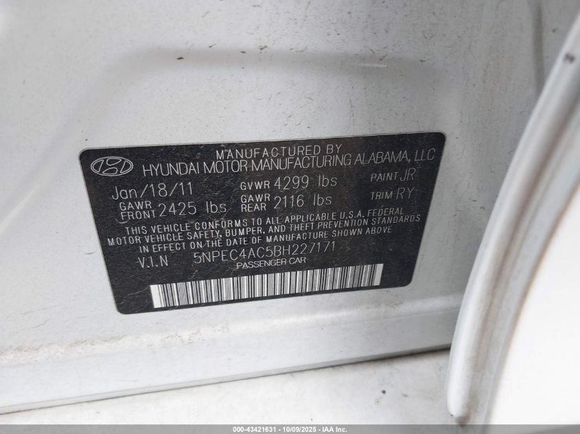 2011 Hyundai Sonata Limited VIN: 5NPEC4AC5BH227171 Lot: 43421631