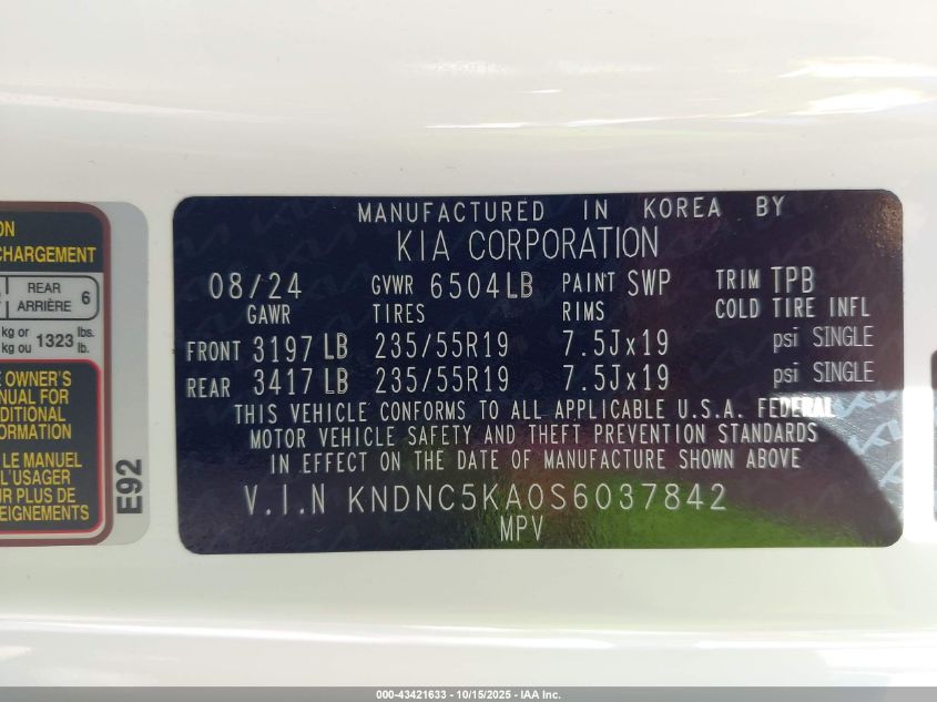 2025 KIA CARNIVAL MPV HYBRID EX KNDNC5KA0S6037842