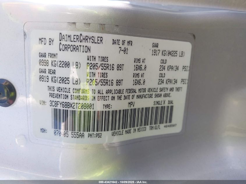 2002 Chrysler Pt Cruiser Limited VIN: 3C8FY68BX2T208001 Lot: 43421642