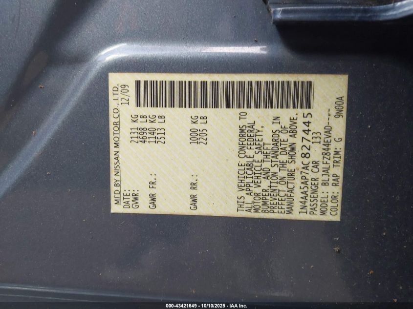 2010 Nissan Maxima 3.5 Sv VIN: 1N4AA5AP7AC827445 Lot: 43421649