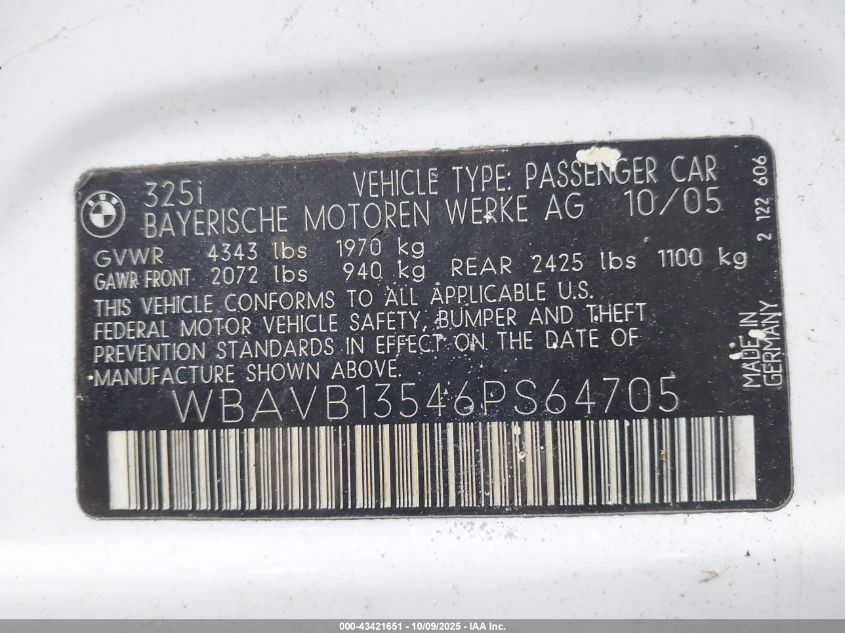 2006 BMW 325I VIN: WBAVB13546PS64705 Lot: 43421651