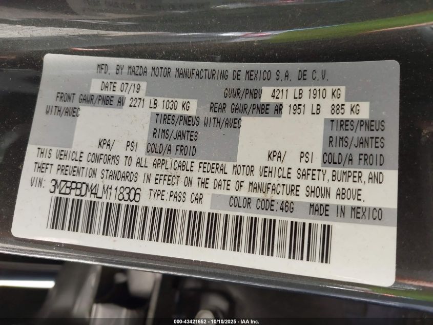 2020 Mazda Mazda3 Preferred Package VIN: 3MZBPBDM4LM118306 Lot: 43421652