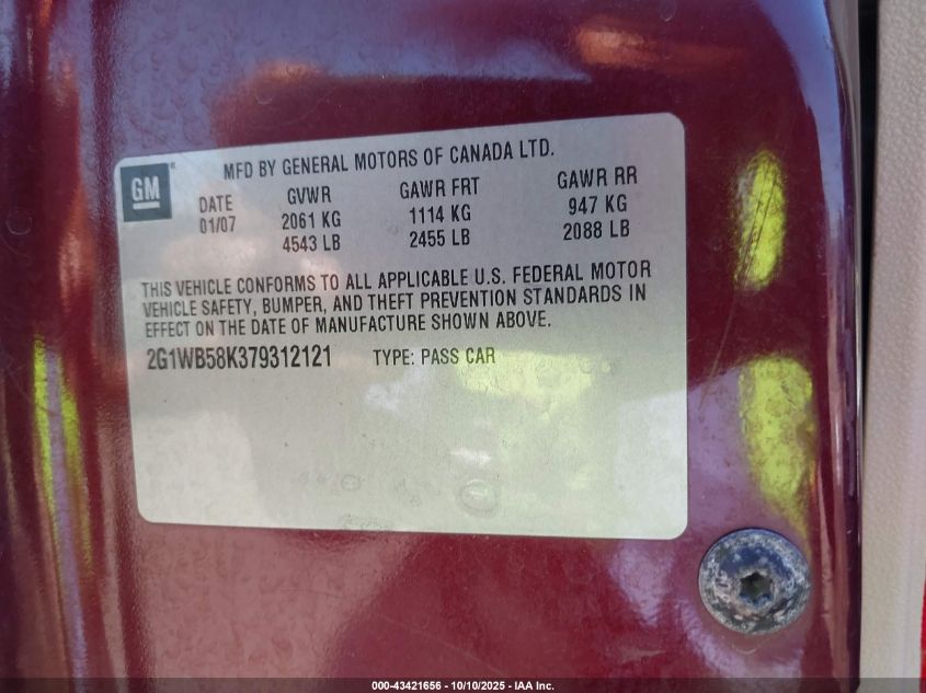 2007 Chevrolet Impala Ls VIN: 2G1WB58K379312121 Lot: 43421656