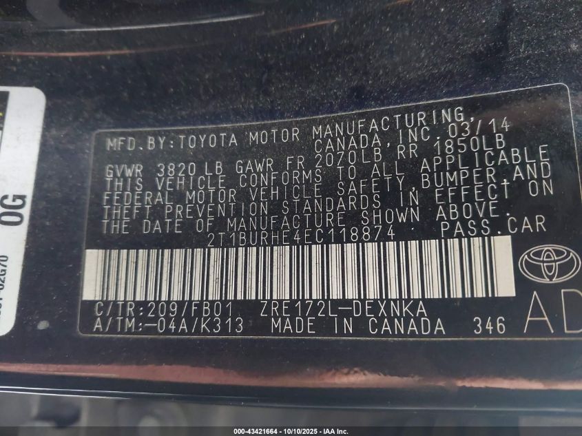 2014 Toyota Corolla Le VIN: 2T1BURHE4EC118874 Lot: 43421664