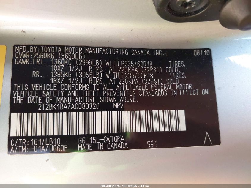 2010 Lexus Rx 350 VIN: 2T2BK1BA7AC080320 Lot: 43421675