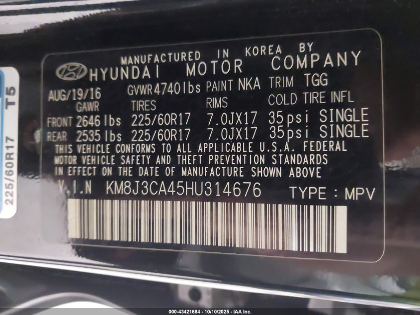 2017 Hyundai Tucson Se VIN: KM8J3CA45HU314676 Lot: 43421684