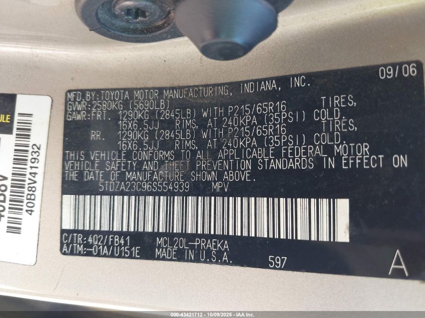 2006 Toyota Sienna Ce VIN: 5TDZA23C96S554939 Lot: 43421712