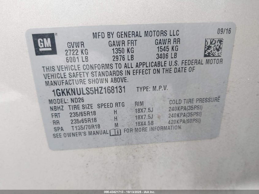 2017 GMC Acadia Slt-1 VIN: 1GKKNULS5HZ168131 Lot: 43421713