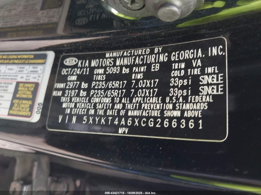 2012 Kia Sorento Lx VIN: 5XYKT4A6XCG266361 Lot: 43421718