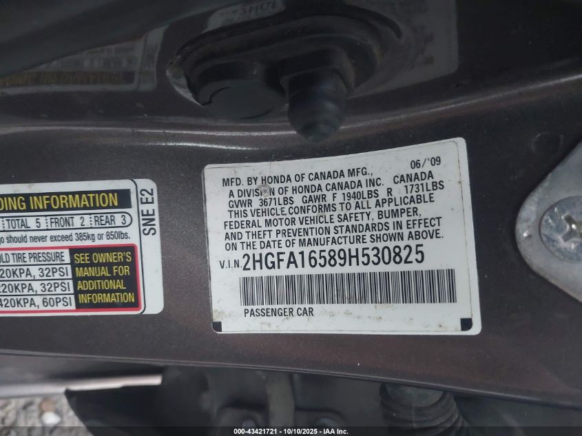 2009 Honda Civic Lx VIN: 2HGFA16589H530825 Lot: 43421721