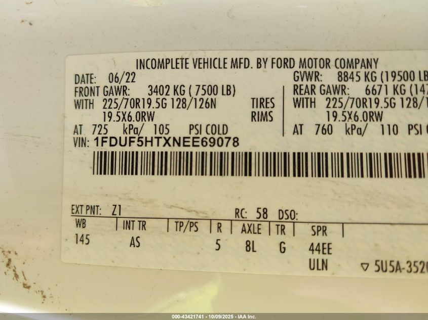 2022 Ford F-550 Chassis Xl VIN: 1FDUF5HTXNEE69078 Lot: 43421741