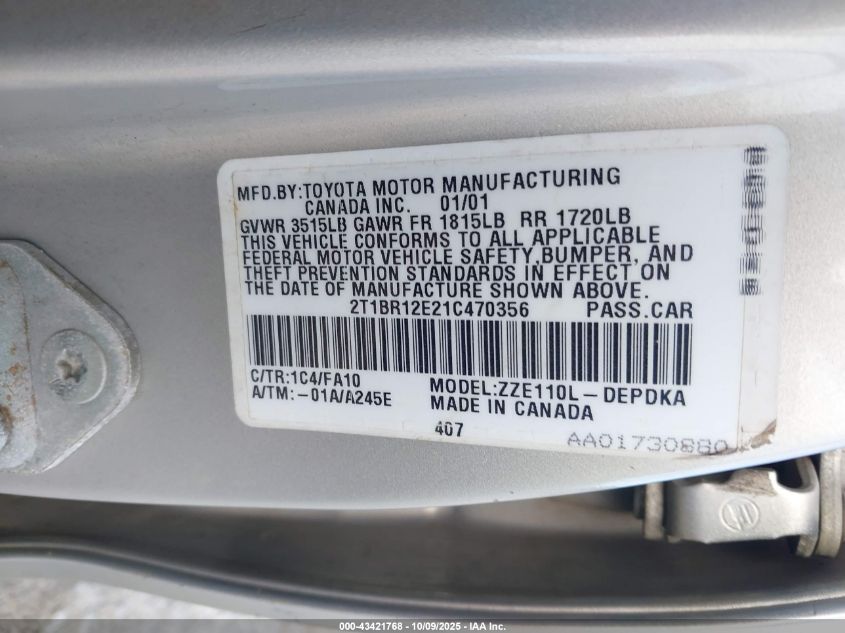 2001 Toyota Corolla Le VIN: 2T1BR12E21C470356 Lot: 43421768