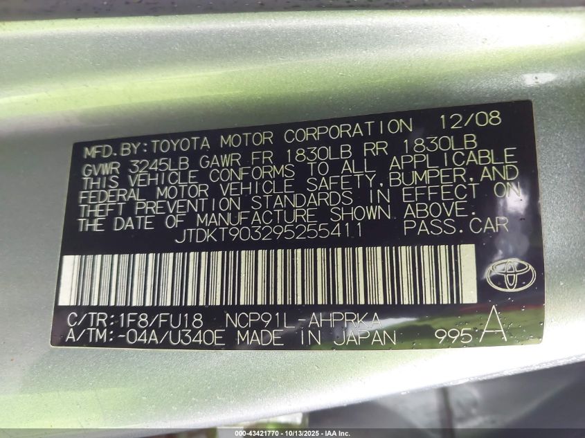 2009 Toyota Yaris VIN: JTDKT903295255411 Lot: 43421770