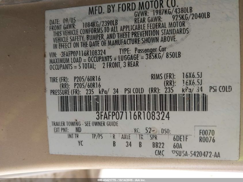 2006 Ford Fusion Se VIN: 3FAFP07116R108324 Lot: 43421775